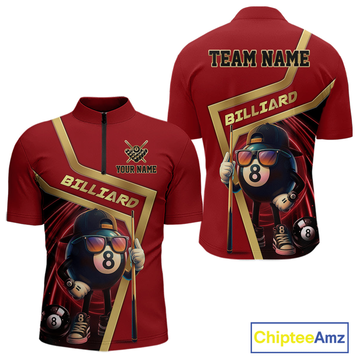 Red Funny 8 Ball Pool Billiard Shirt For Men Custom Gold Billiard Team Jersey Polo & 1/4 Zip TDM6354
