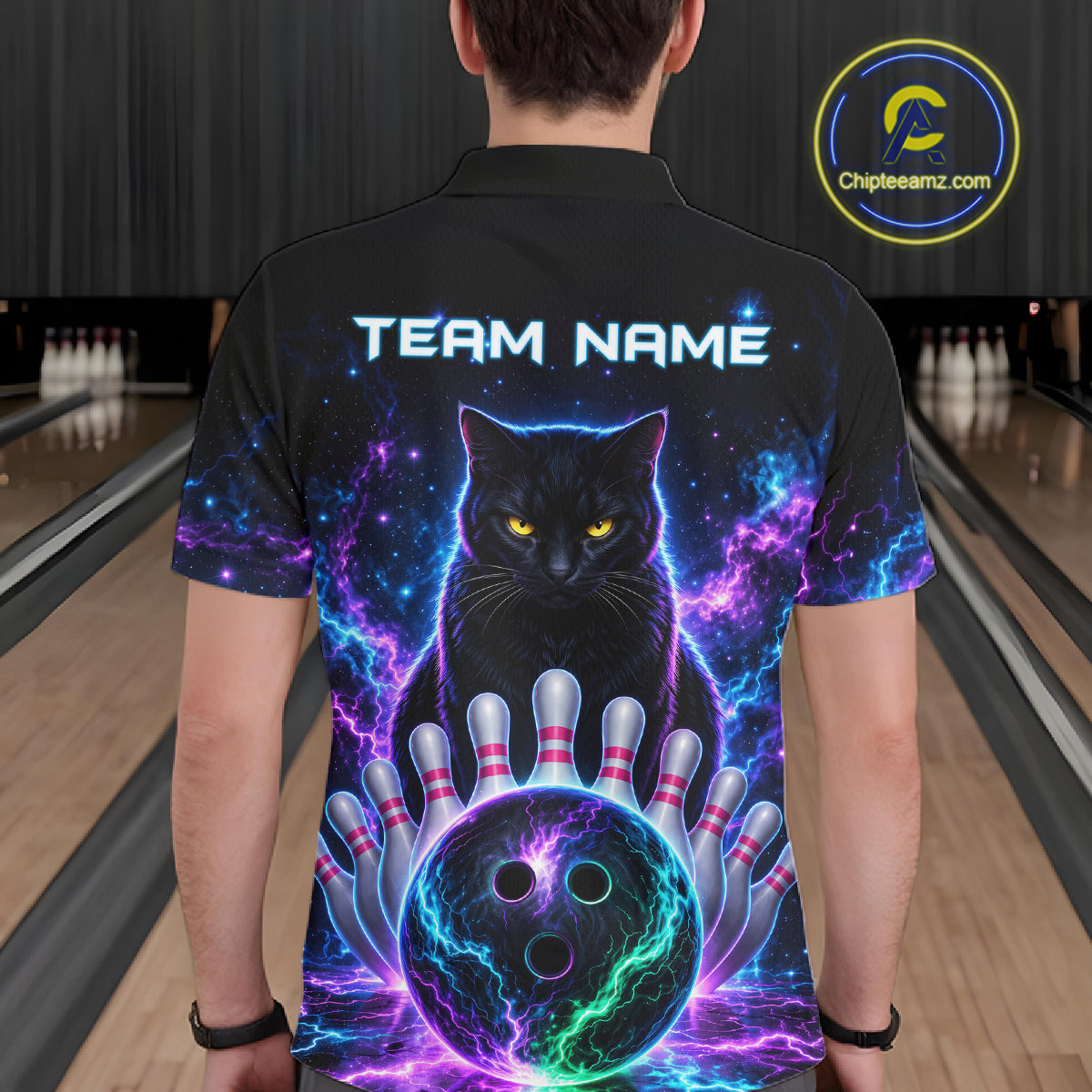 Neon Funny Cat Bowling Jersey Polo & 1/4 Zip For Men Custom Bowling Team Jersey, Bowling Gifts TDM6359