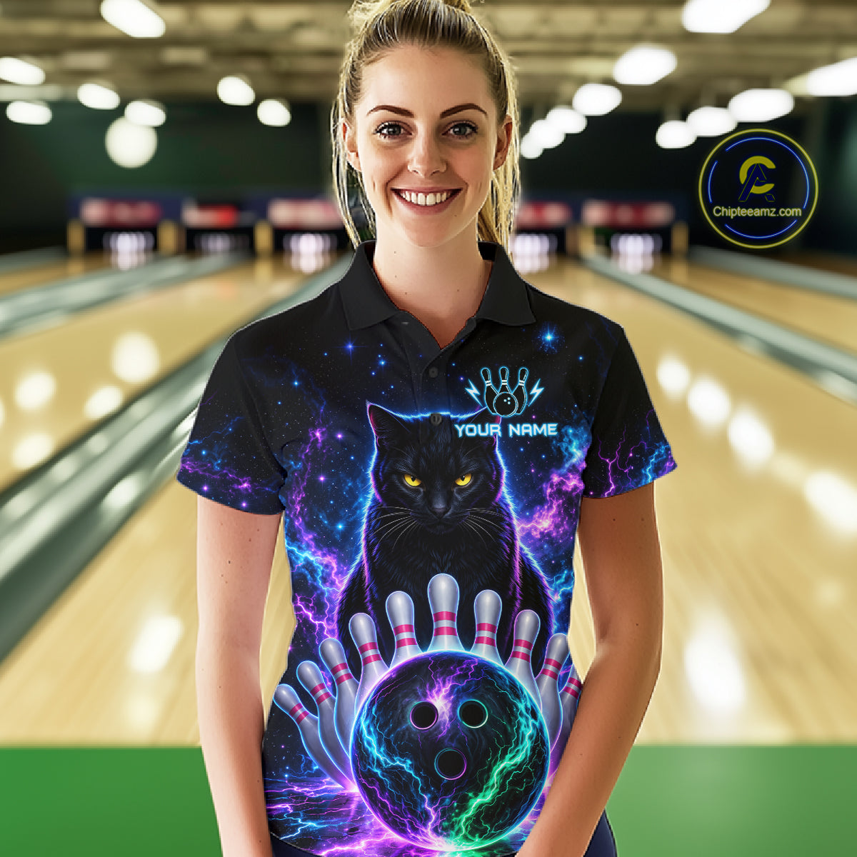 Neon Funny Cat Bowling Jersey Polo & 1/4 Zip For Women Custom Bowling Team Jersey, Bowling Gifts TDM6359