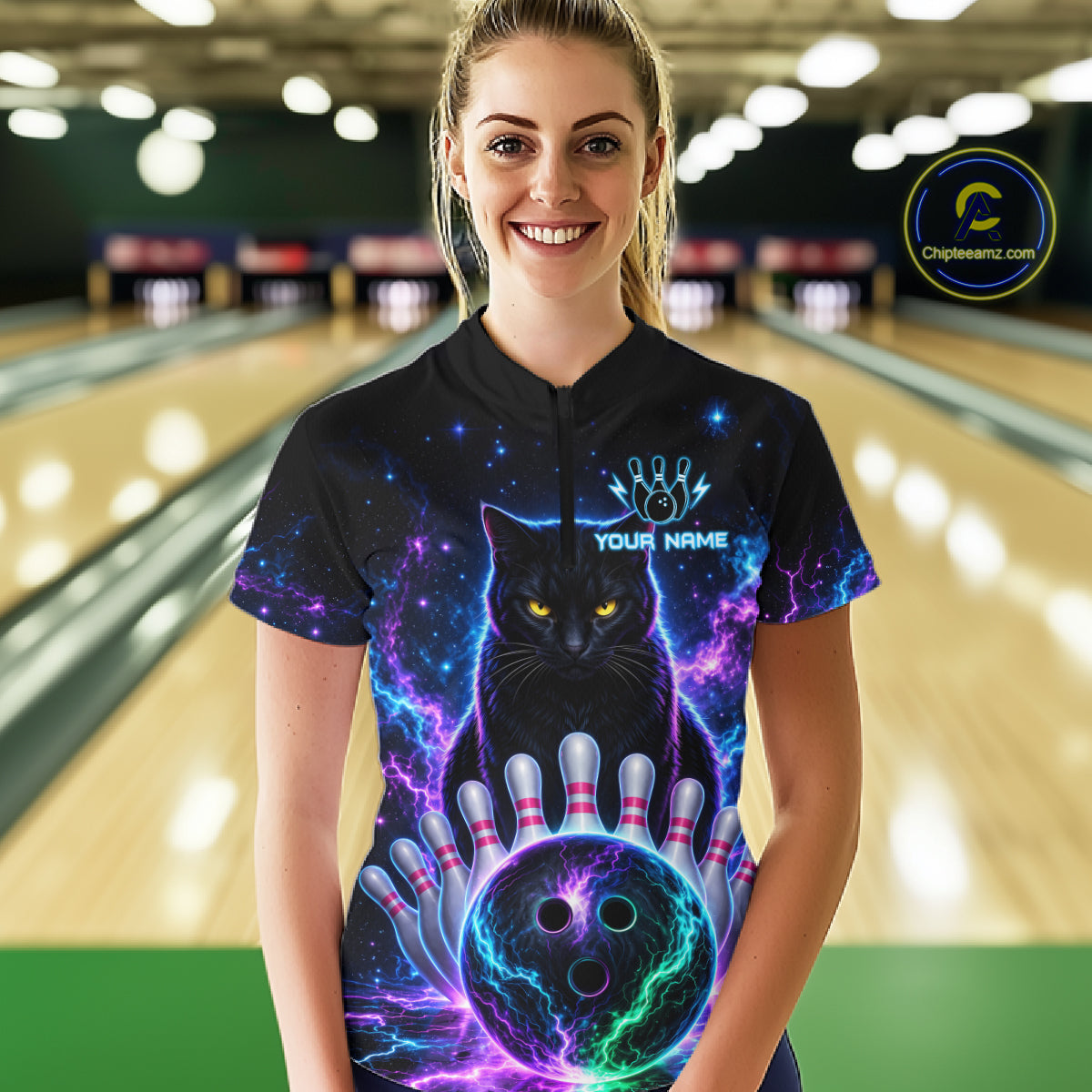 Neon Funny Cat Bowling Jersey Polo & 1/4 Zip For Women Custom Bowling Team Jersey, Bowling Gifts TDM6359