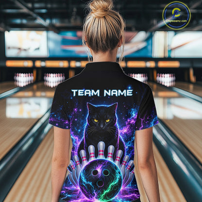 Neon Funny Cat Bowling Jersey Polo & 1/4 Zip For Women Custom Bowling Team Jersey, Bowling Gifts TDM6359