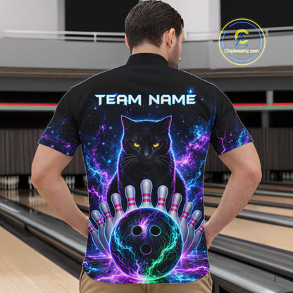 Neon Funny Cat Bowling Jersey Polo & 1/4 Zip For Men Custom Bowling Team Jersey, Bowling Gifts TDM6359