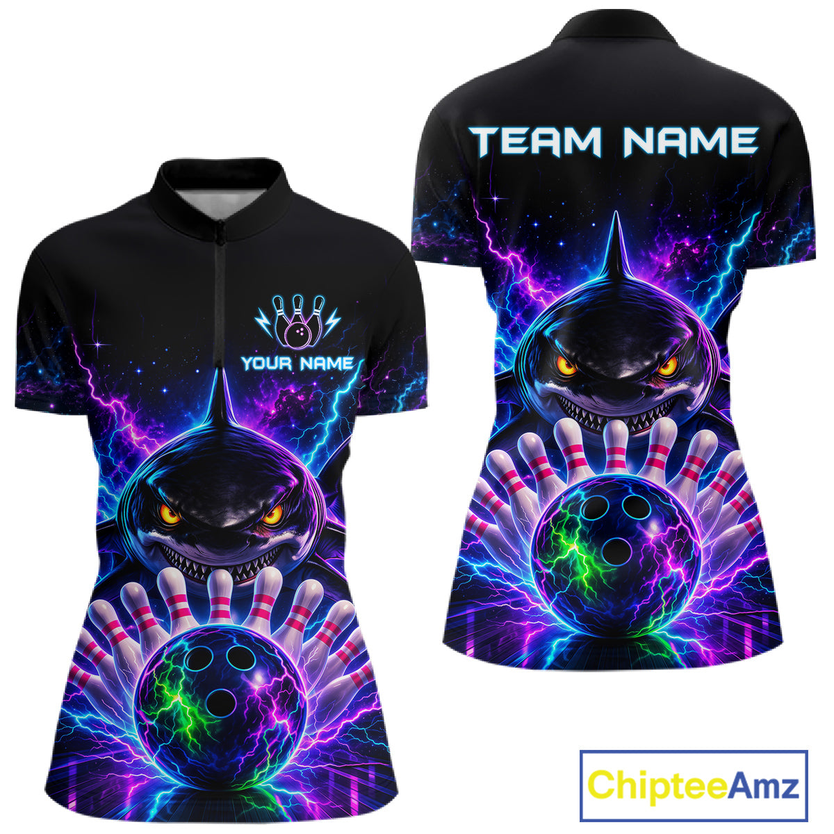 Neon Funny Shark Bowling Jersey Polo & 1/4 Zip For Women Custom Bowling Team Jersey, Bowling Uniform TDM6360