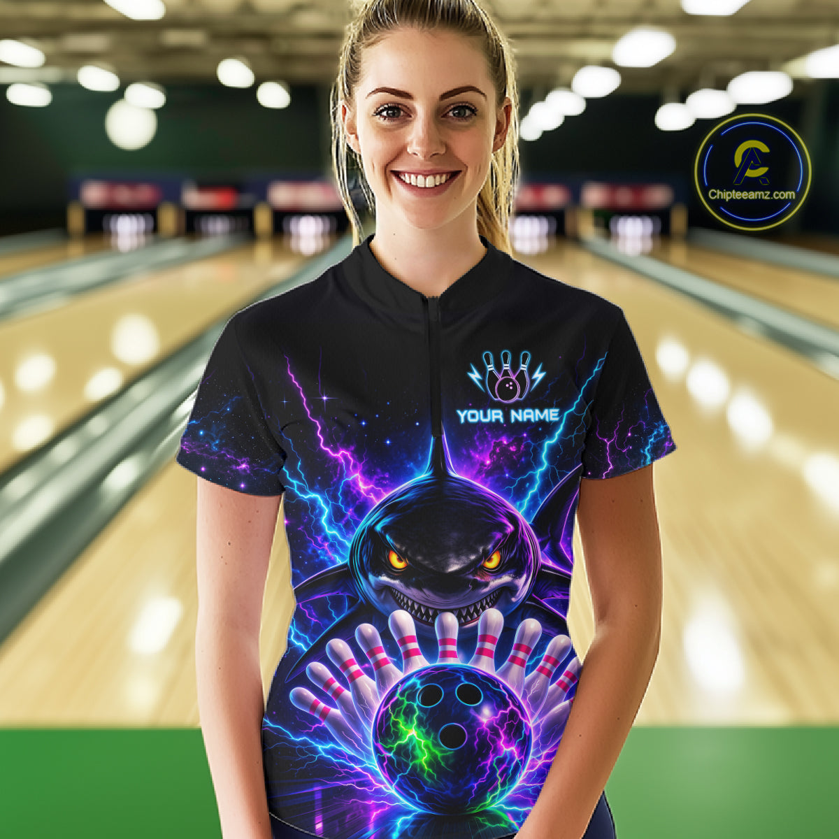 Neon Funny Shark Bowling Jersey Polo & 1/4 Zip For Women Custom Bowling Team Jersey, Bowling Uniform TDM6360