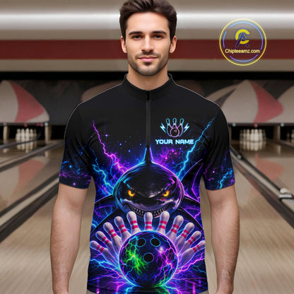 Neon Funny Shark Bowling Jersey Polo & 1/4 Zip For Men Custom Bowling Team Jersey, Bowling Uniform TDM6360