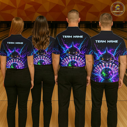 Neon Funny Shark Bowling Jersey Polo & 1/4 Zip For Women Custom Bowling Team Jersey, Bowling Uniform TDM6360