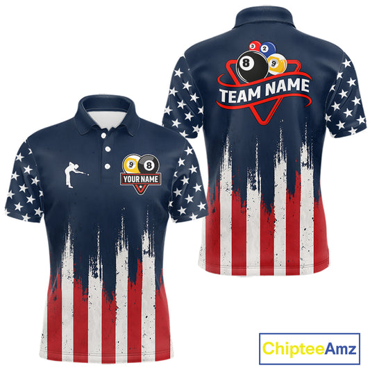 American flag 8 ball and 9 ball pool billiard team jersey polo shirt for men featuring patriotic USA artwork, premium custom billiard team apparel for league play and tournaments.