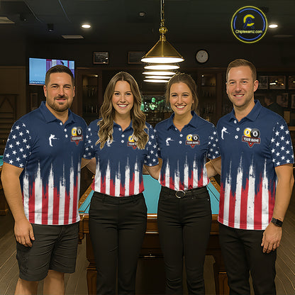 Billiard team wearing matching American flag 8 ball and 9 ball pool team jerseys, front view.