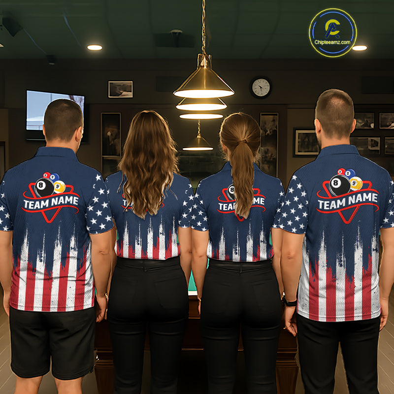 Man wearing American flag 8 ball and 9 ball pool billiard team jersey quarter zip shirt, front view.