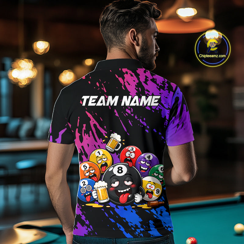 Man wearing custom blue and purple drunk pool balls funny beer billiard team jersey polo shirt, back view.