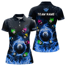 Load image into Gallery viewer, Personalized Colorful 8 Ball Fire 3D Women Polo &amp; 1/4 Zip Shirts, Team League Billiard Jerseys |Blue TDM2767