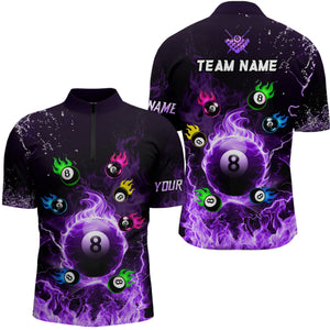 Personalized Colorful 8 Ball Fire 3D Men Polo & 1/4 Zip Shirt Team League Billiard Jerseys |Purple TDM2768