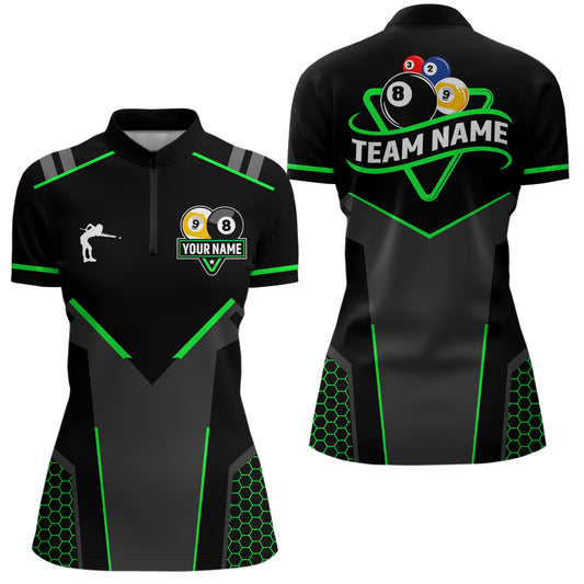 Personalized Billiard 8 Ball & 9 Ball Pool Polo, 1/4 Zip For Women Custom Team Billiard Jersey |Green TDM3581