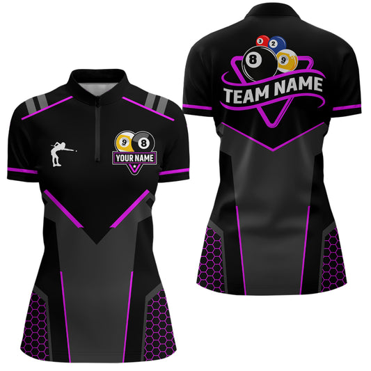 Personalized Billiard 8 Ball & 9 Ball Pool Polo, 1/4 Zip For Women Custom Team Billiard Jersey|Purple TDM3582