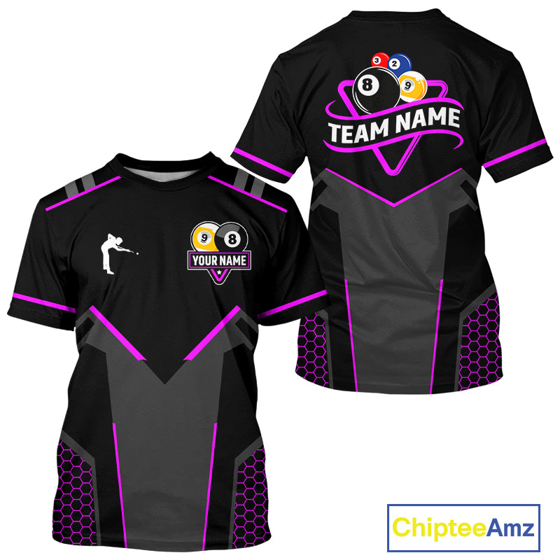 Personalized 8 Ball & 9 Ball Pool Billiard T-Shirt For Men Custom Billiard Team Jerseys | Purple TDM3582