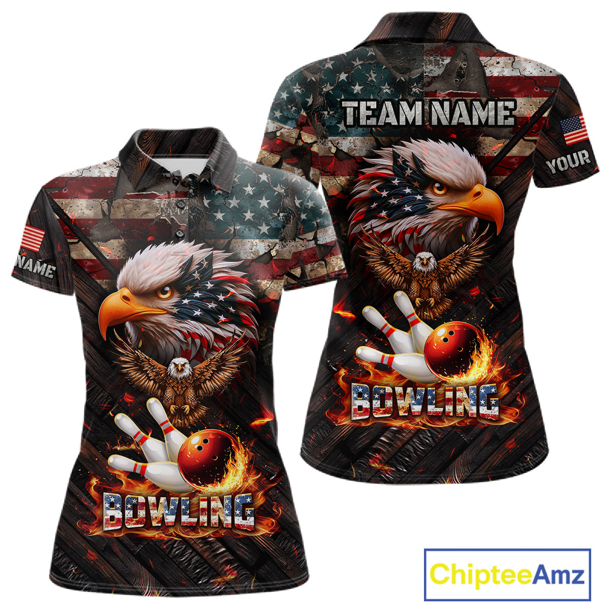 American Flag Flame Eagle Bowling Shirt For Women Custom Patriotic Bowling Jersey Polo & 1/4 Zip TDM6108