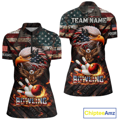 American Flag Flame Eagle Bowling Shirt For Women Custom Patriotic Bowling Jersey Polo & 1/4 Zip TDM6108