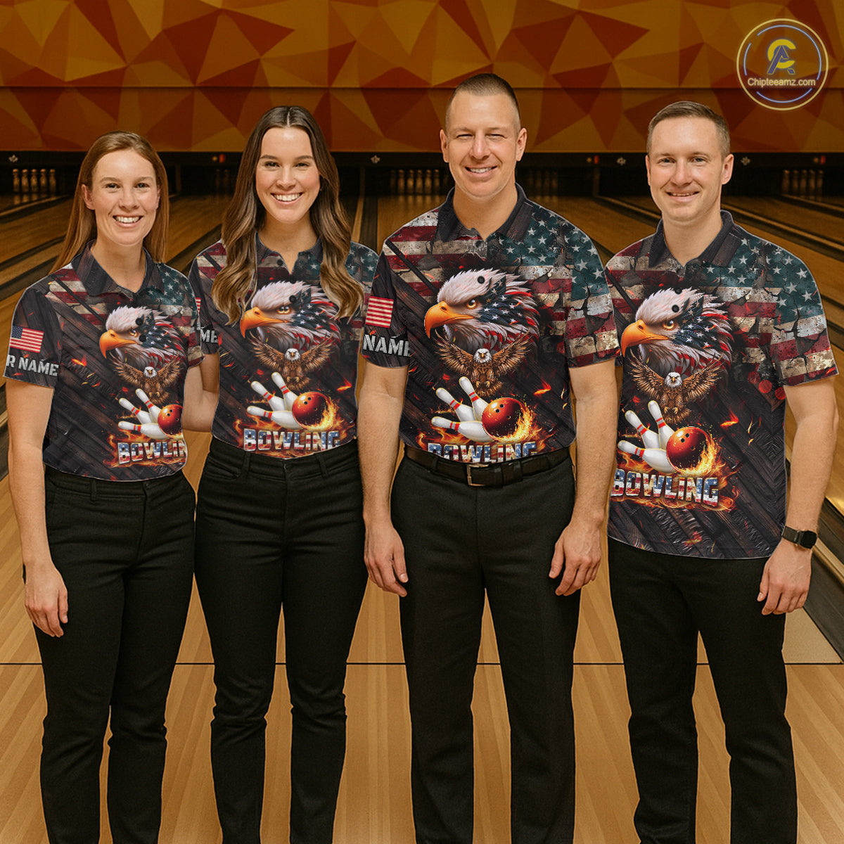 American Flag Flame Eagle Bowling Shirt For Women Custom Patriotic Bowling Jersey Polo & 1/4 Zip TDM6108