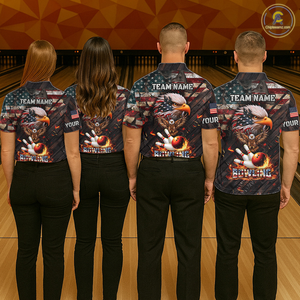 American Flag Flame Eagle Bowling Shirt For Women Custom Patriotic Bowling Jersey Polo & 1/4 Zip TDM6108