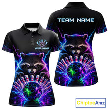 Load image into Gallery viewer, Neon raccoon bowling polo shirt for women with custom bowling team graphics.