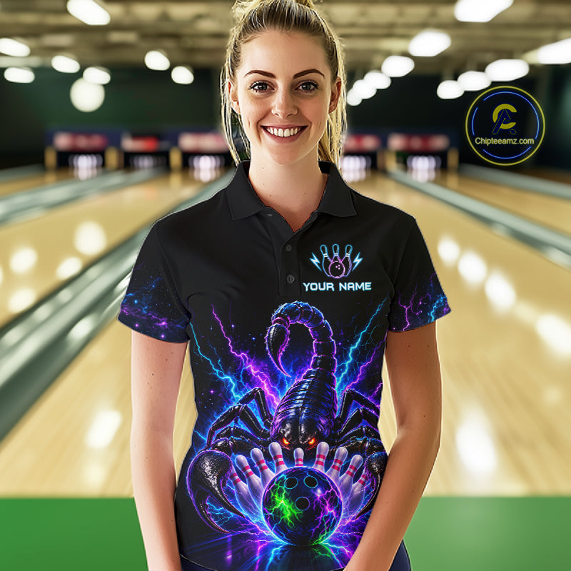 Woman wearing a neon scorpion bowling polo shirt at a bowling alley front view.