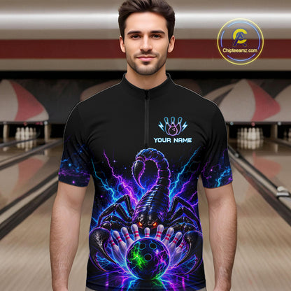 Man wearing a neon scorpion bowling quarter zip jersey during league competition front view.