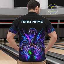 Load image into Gallery viewer, Back view of man wearing a neon scorpion bowling quarter zip shirt in a bowling alley.