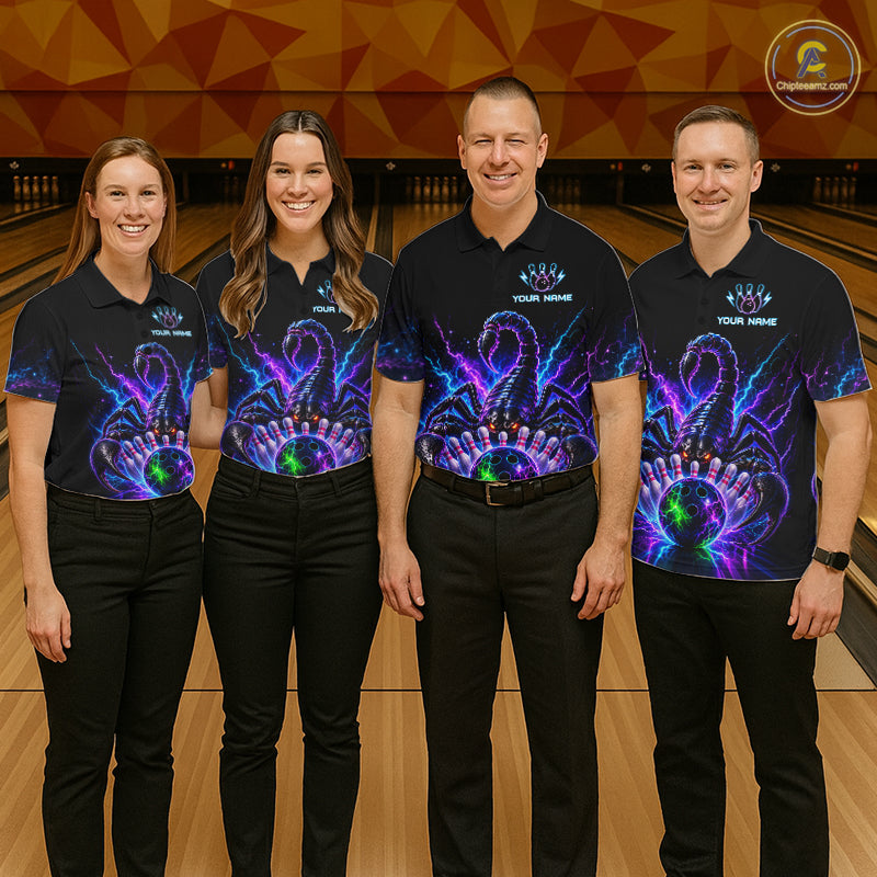 Bowling team wearing matching neon scorpion bowling jerseys during league matches front view.