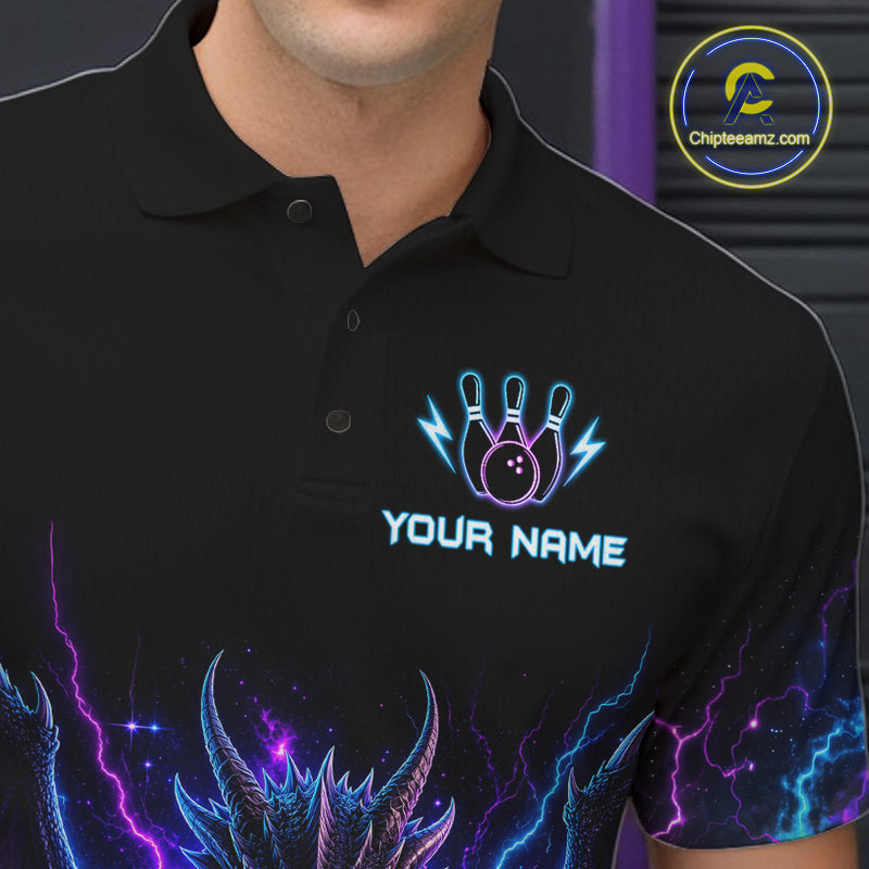 Close-up of a neon dragon bowling polo shirt collar, buttons, and dragon artwork details.
