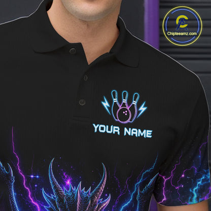 Close-up of a neon dragon bowling polo shirt collar, buttons, and dragon artwork details.