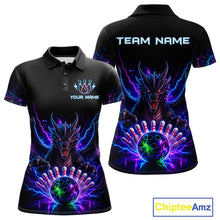 Load image into Gallery viewer, Neon dragon bowling polo shirt for women with custom bowling team graphics.