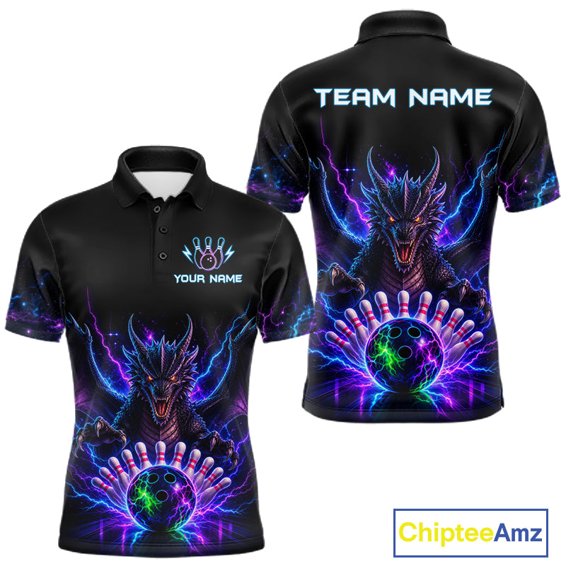 Neon dragon bowling polo shirt for men with custom bowling team graphics.