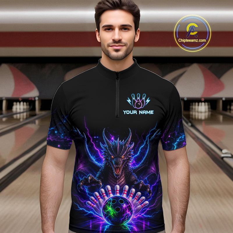 Man wearing a neon dragon bowling quarter zip jersey during league competition front view.