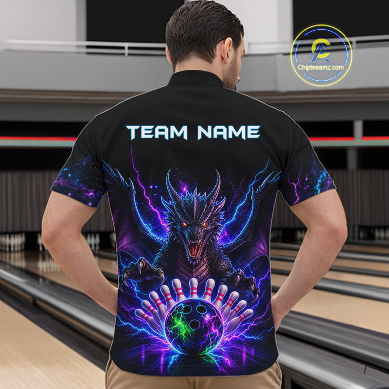 Back view of man wearing a neon dragon bowling quarter zip shirt in a bowling alley.