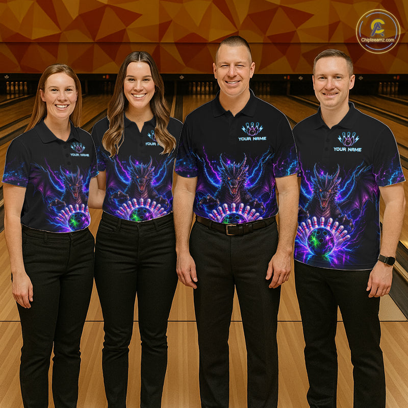 Bowling team wearing matching neon dragon bowling jerseys during league matches front view.