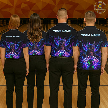 Back view of bowling team wearing matching neon dragon bowling shirts in a bowling alley.