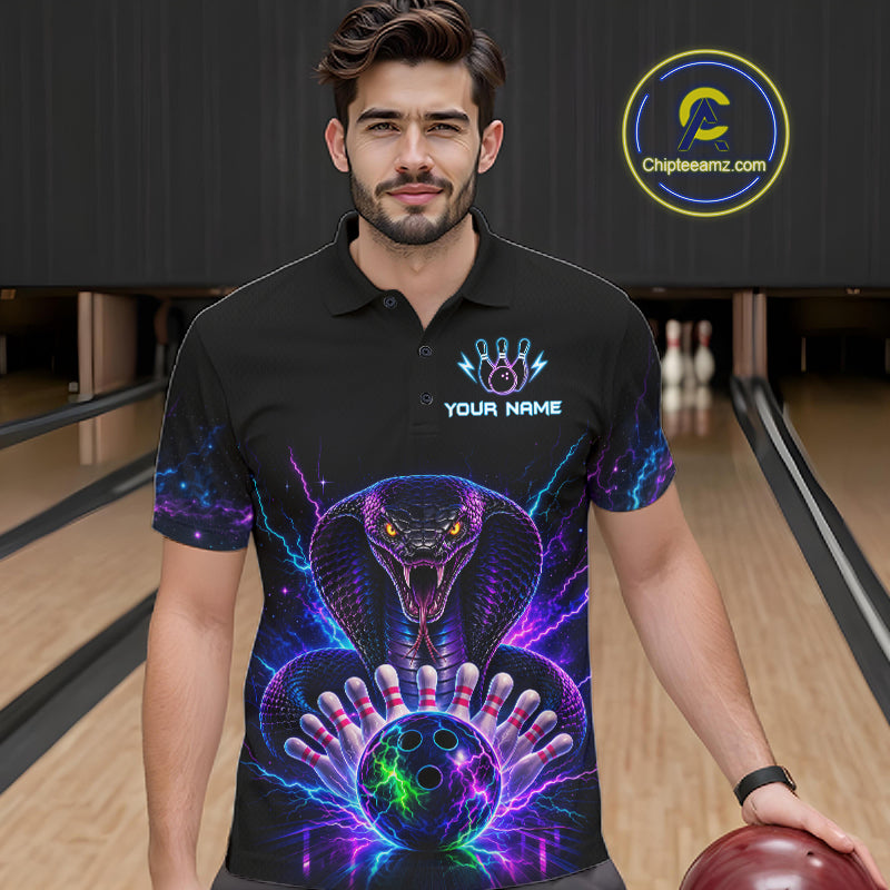 Man wearing a neon cobra bowling polo shirt at a bowling alley front view.