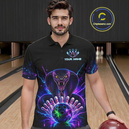 Man wearing a neon cobra bowling polo shirt at a bowling alley front view.
