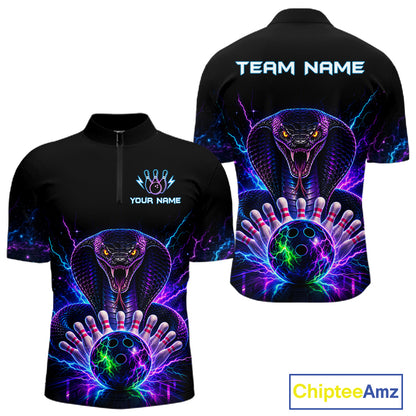 Neon cobra bowling quarter zip shirt for men designed for league tournaments and team events.