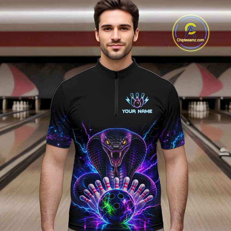 Man wearing a neon cobra bowling quarter zip jersey during league competition front view.
