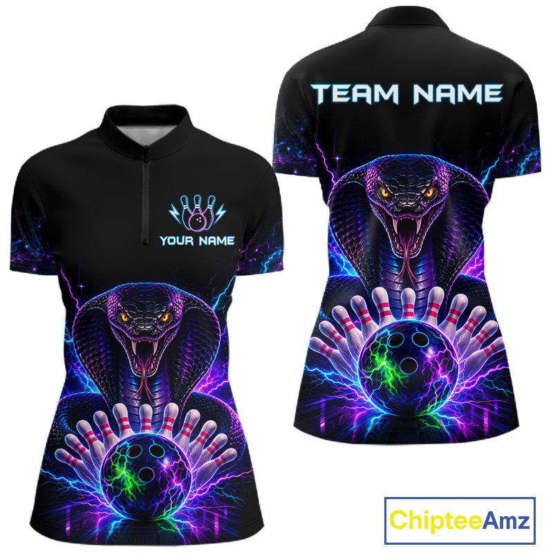 Neon cobra bowling quarter zip shirt for women designed for league tournaments and team events.