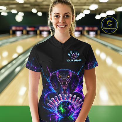 Woman wearing a neon cobra bowling quarter zip jersey during league competition front view.