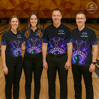 Bowling team wearing matching neon cobra bowling jerseys during league matches front view.