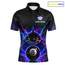 Load image into Gallery viewer, Neon shark 8 ball billiard polo shirt for men with custom pool team graphics.