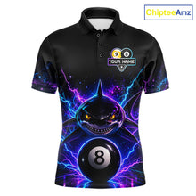 Load image into Gallery viewer, Neon shark 8 ball and 9 ball billiard polo shirt for men with custom pool team graphics.