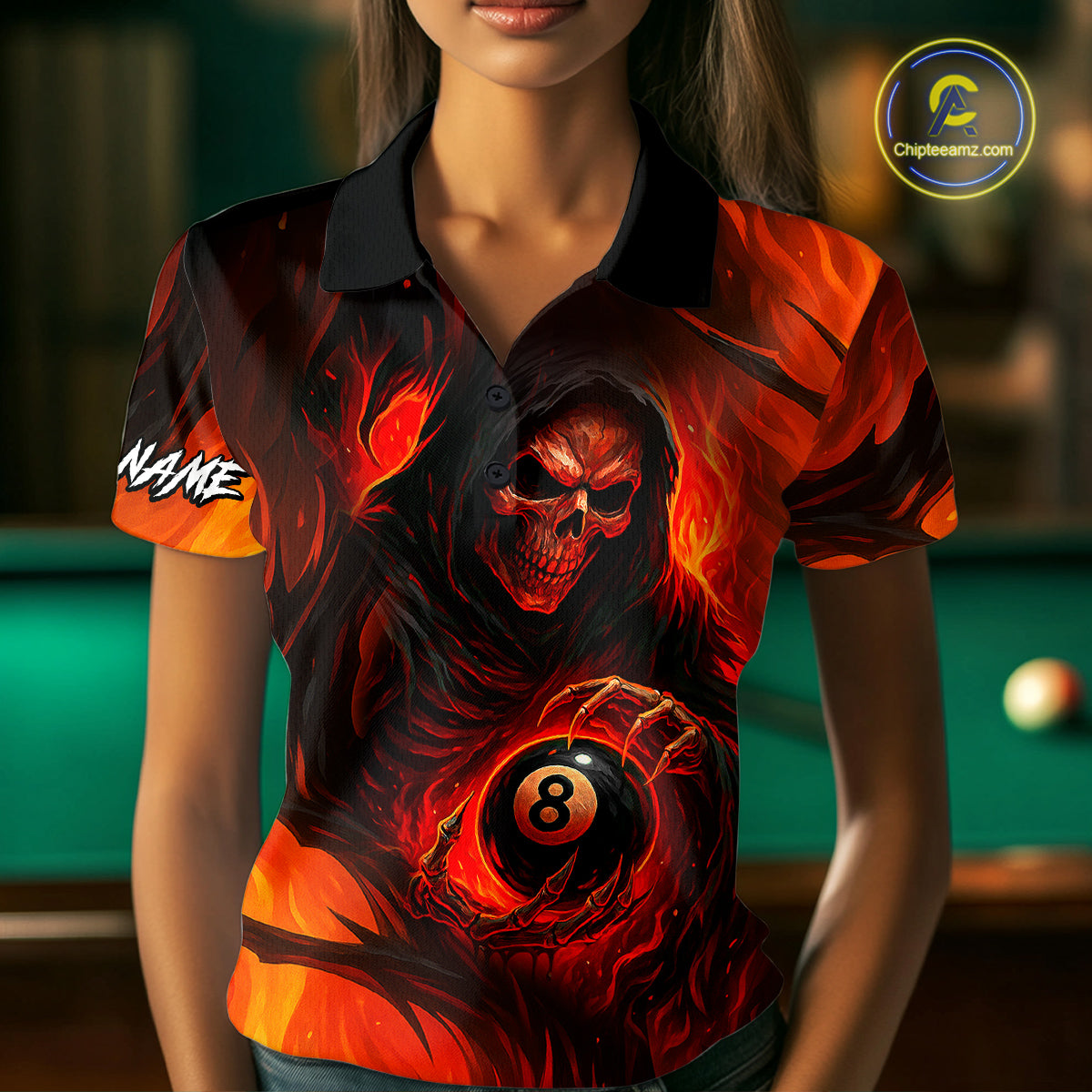 Orange Flaming Grim Reaper 8 Ball Billiard Shirt For Women Custom Halloween Pool Team Shirt Outfit TDM4811