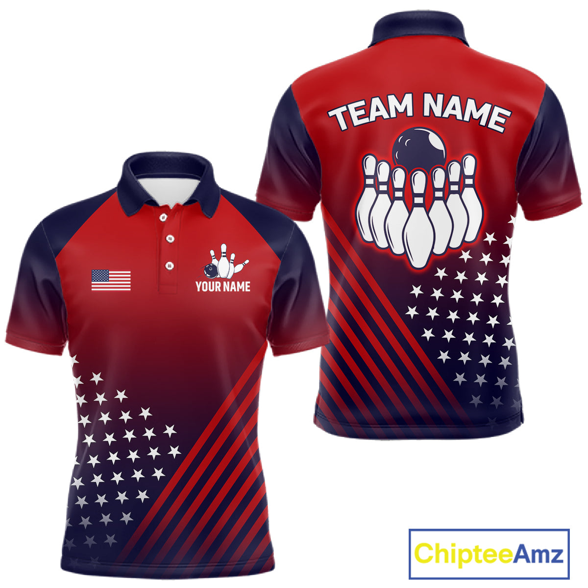 American Flag Bowling Jersey For Men, Custom Patriotic Bowling League Team Shirts Polo & 1/4 Zip TDM6544