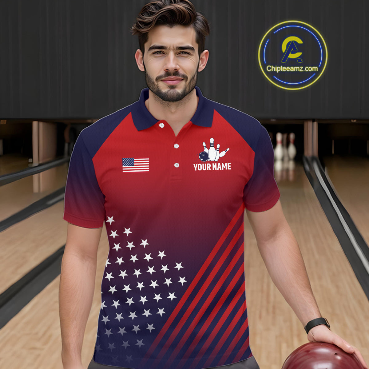 American Flag Bowling Jersey For Men, Custom Patriotic Bowling League Team Shirts Polo & 1/4 Zip TDM6544