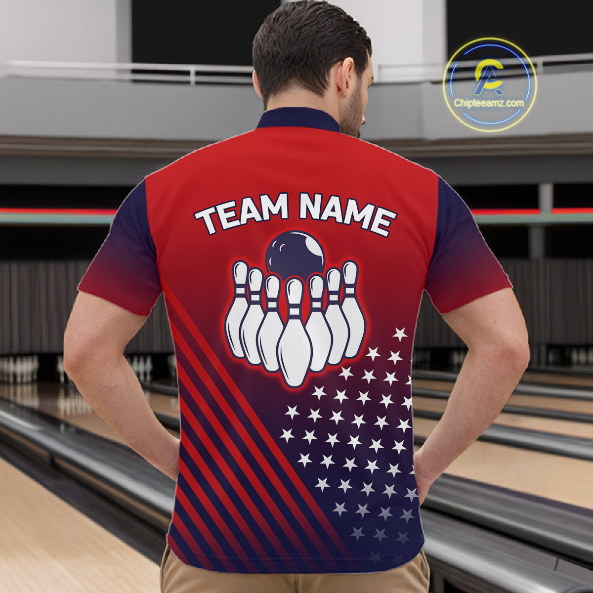 American Flag Bowling Jersey For Men, Custom Patriotic Bowling League Team Shirts Polo & 1/4 Zip TDM6544