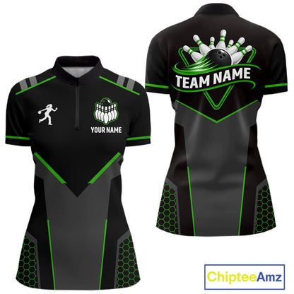 Personalized Bowling Jersey For Women, Custom Black And Green Bowling Team Shirt Polo & 1/4 Zip TDM6546
